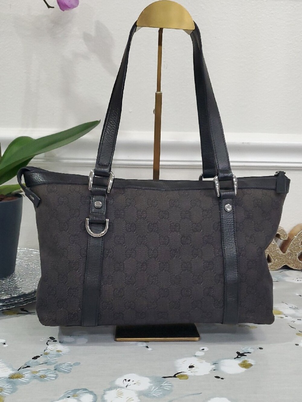 🇮🇹Gucci Black GG Canvas Abbey Medium Black Shoulder/Handbag Tote Bag